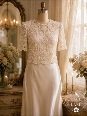 Vintage Lawrence Kazar | Hand-Beaded Lace Blouse| Pearl Embellished | Bridal | L